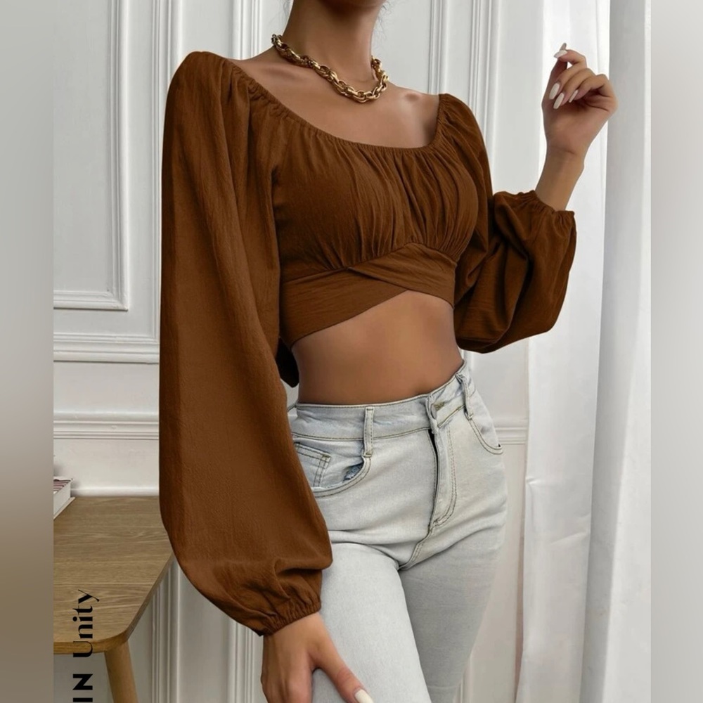 SHEIN Ruched knot back crop blouse coffee brown